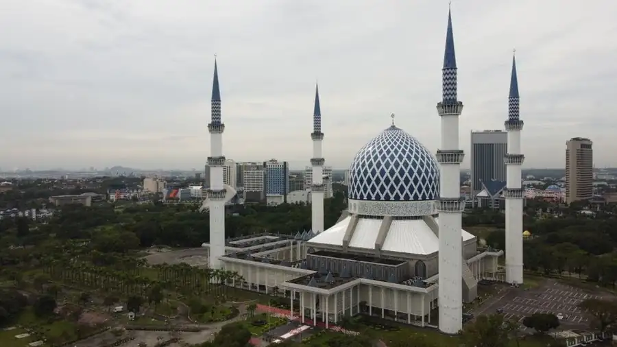 Aerial view of the blue-domed Sultan Salahuddin Abdul Aziz Mosque and surrounding Shah Alam