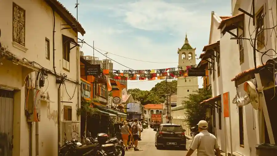 Heritage shophouse street with colonial architecture in George Town, Penang