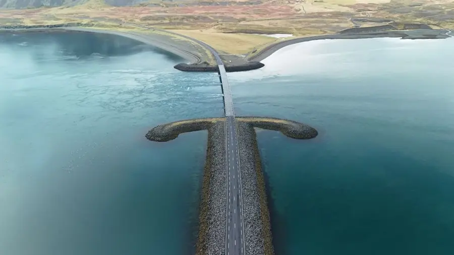 Aerial view of a highway causeway crossing with traffic