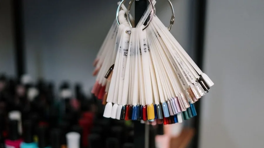 Hair colour swatch ring hanging in a salon