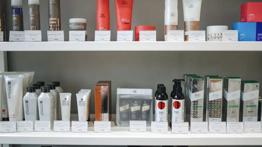 Skincare and brightening products displayed on a clinic shelf