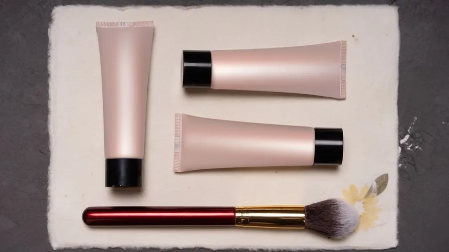 Skincare tubes and a brush arranged on a textured paper background